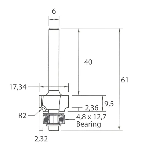 IGM M138 Homorú lekerekítő maró - R2 D17,34x9,5 L61 S=6 HW