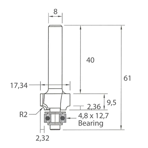 IGM M138 Homorú lekerekítő maró - R2 D17,34x9,5 L61 S=8 HW