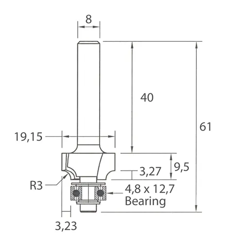 IGM M138 Homorú lekerekítő maró - R3 D19,15x9,5 L61 S=8 HW