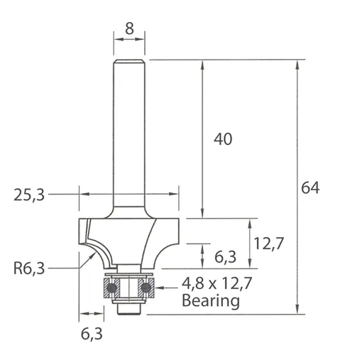 IGM M138 Homorú lekerekítő maró - R6,3 D25,3x12,7 L64 S=8 HW