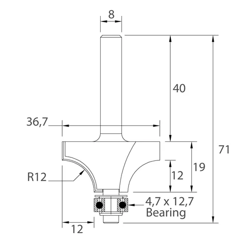 IGM M138 Homorú lekerekítő maró - R12 D36,7x19 L71 S=8 HW