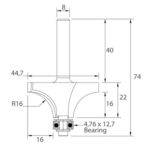 IGM M138 Homorú lekerekítő maró - R16 D44,7x22 L74 S=8 HW