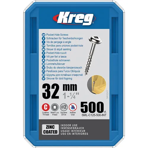 Kreg Zinc Maxi-Loc csavarok rejtett kötésekhez, 32 mm, durva menet, 500 db (Kicsomagolt)
